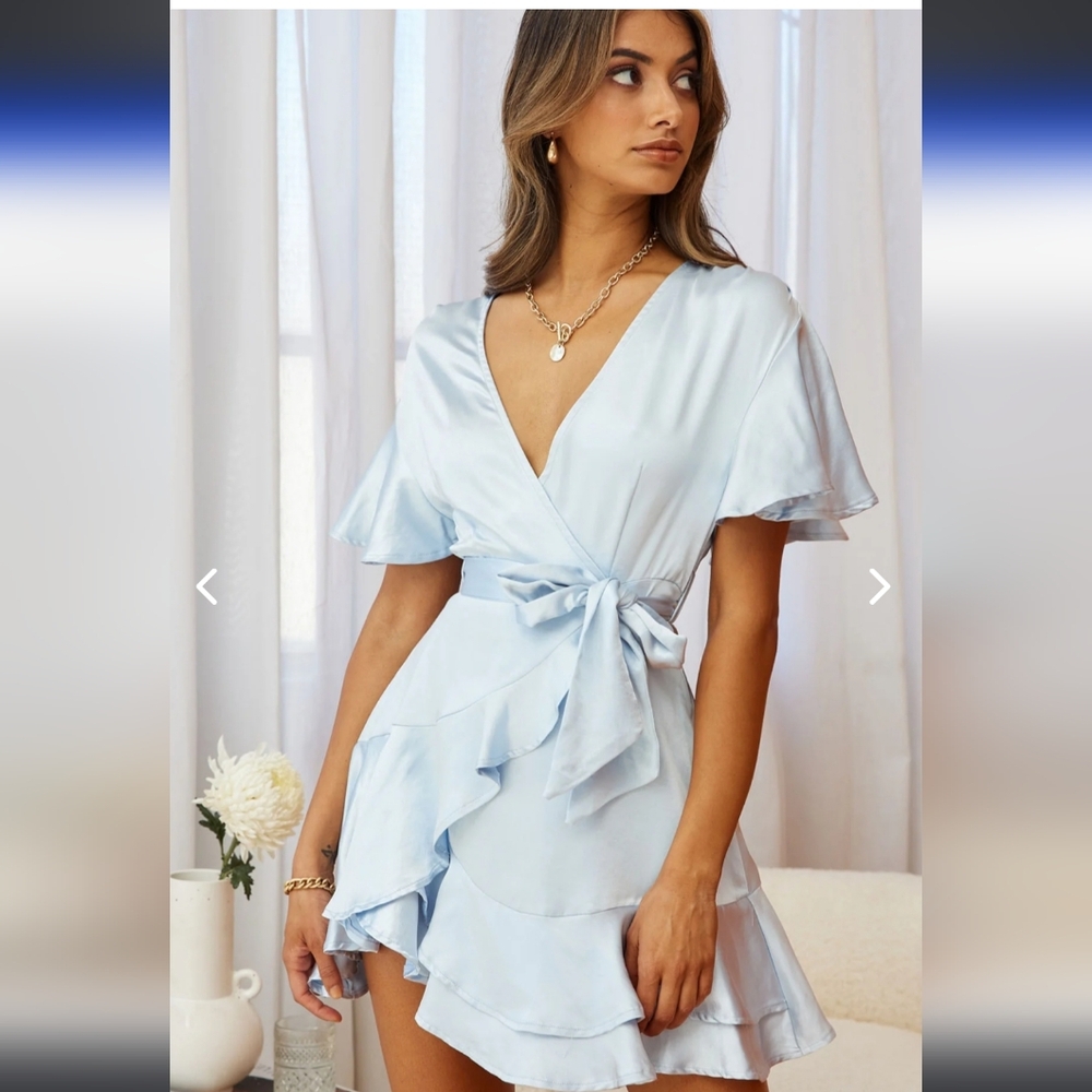 SOLD Selfie Leslie CAMI ANGEL SLEEVE FAUX WRAP DRESS STEEL BLUE - Picture 7 of 16